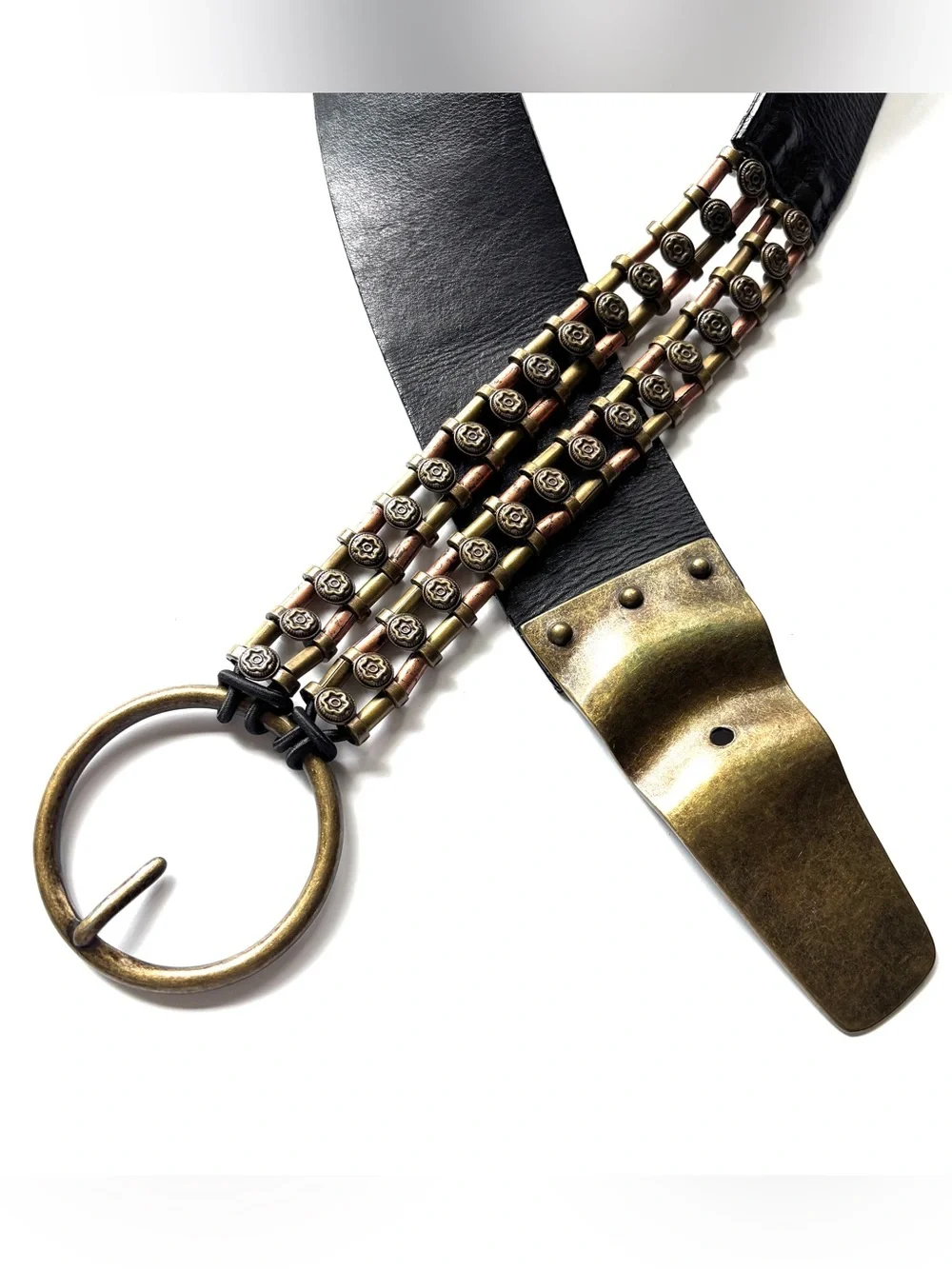 Black Leather Belt w/ Brass Gold Copper Metal Chain Hardware M-L Chicos vintage